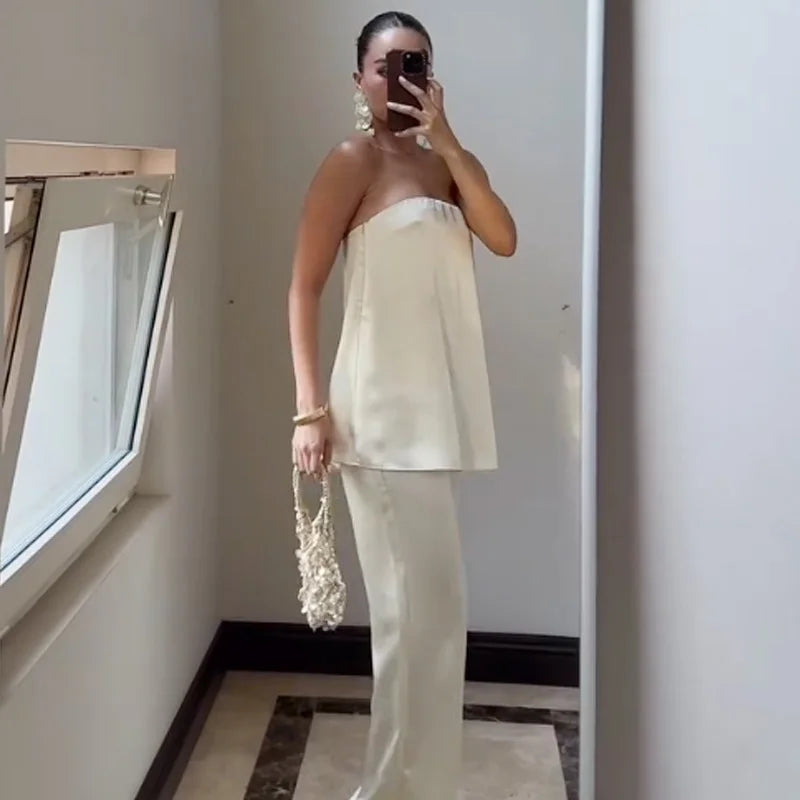 HXAO Satin Pant Sets Women's Two Pieces Set Strapless Off Shoulder