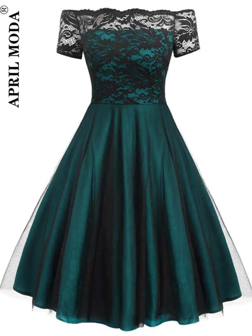 Women Vintage Lace Dress Formal Red Black Green Slash Neck Tulle Midi