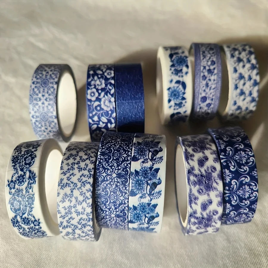 Blue & White Washi Tape Set; Pretty Chinoiserie Designs; 12 Rolls!