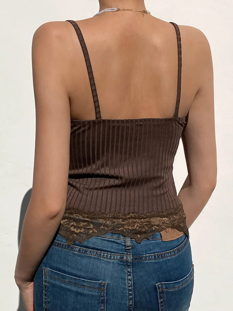 Gothic Basic Bodycon Women Camis Grunge Punk Black Casual Lace Trim