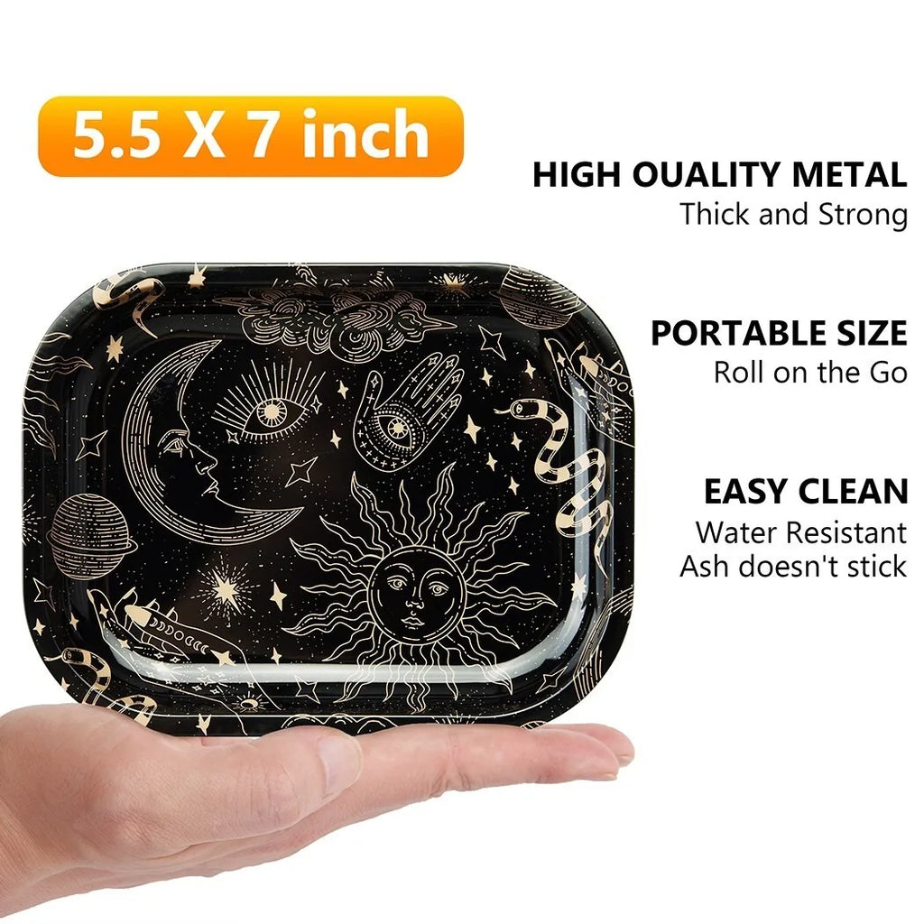 1/2 Piece Moon and Star Metal Rolling Tray and Herb Grinder