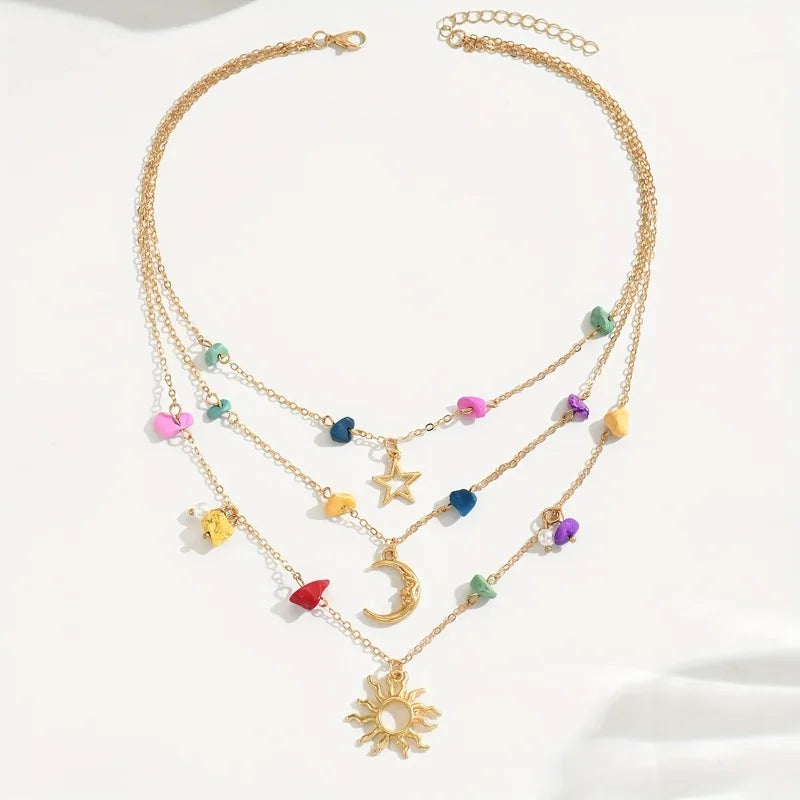 Bohemian Multi-Layer Gold Color Celestial Pendant Necklace with