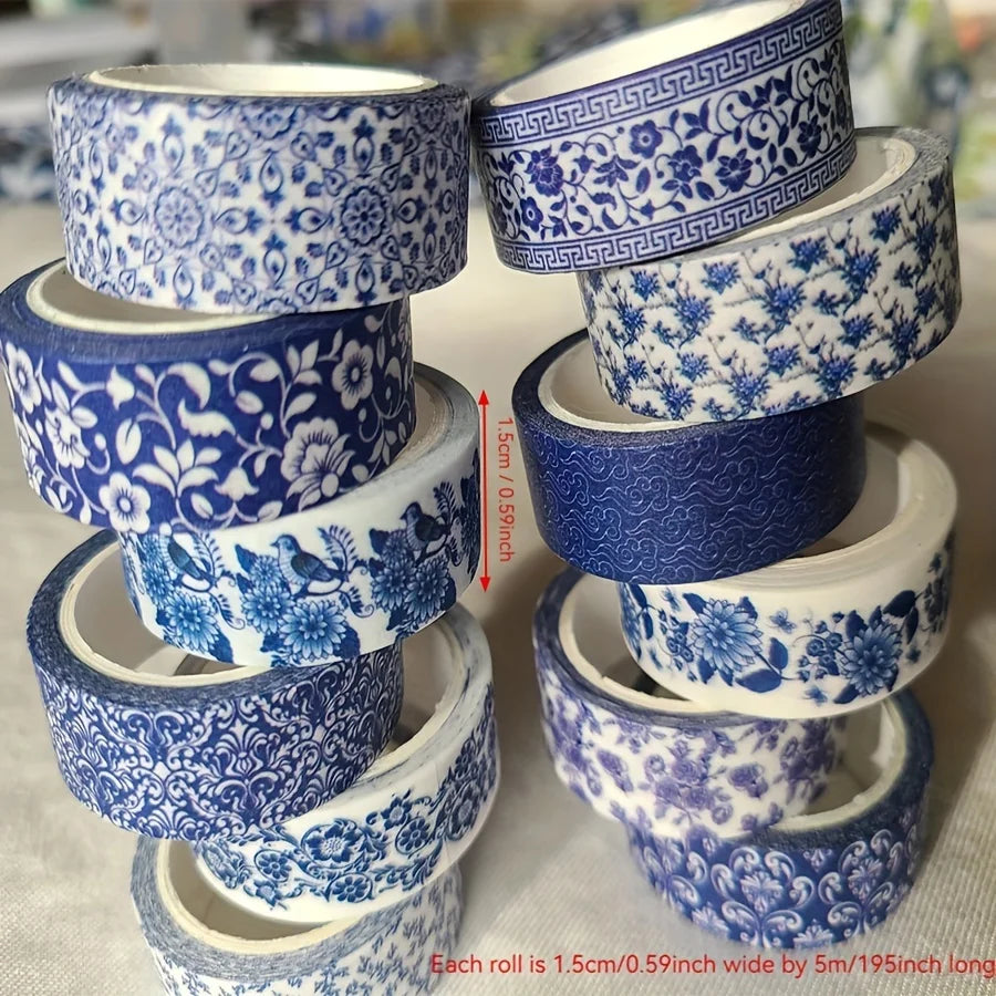 Blue & White Washi Tape Set; Pretty Chinoiserie Designs; 12 Rolls!