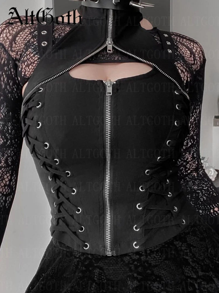 AltGoth Dark Gothic Vintage Bandage Vest For Women Harajuku Punk Grunge Streetwear