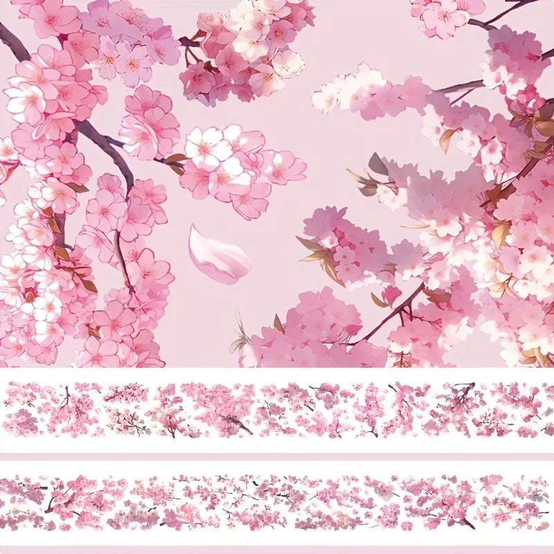2 Meter Sakura PET Decorative Tape Pink Flower Transparent Washi Tape Waterproof Five Point Five Cm Wide
