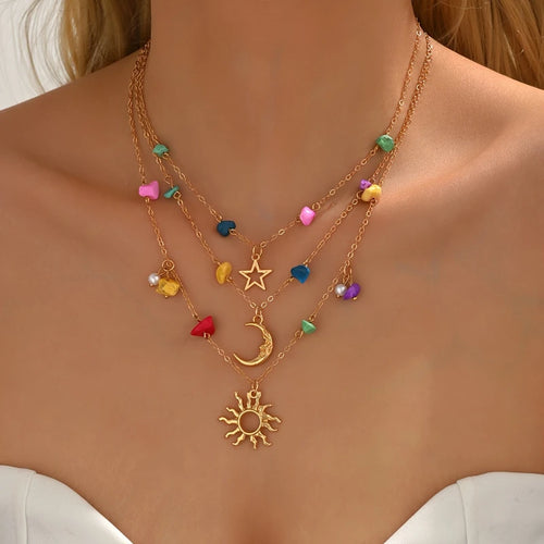 Bohemian Multi-Layer Gold Color Celestial Pendant Necklace with