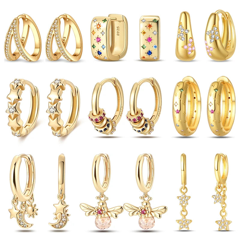 Classic Earrings 925 Silver Stars Moons Pearls Bees Golden Hoop