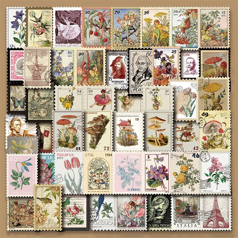 All Different Vintage Postage Stamp Stickers Set 10 20 50 Pieces Not Real Stamps For Crafts