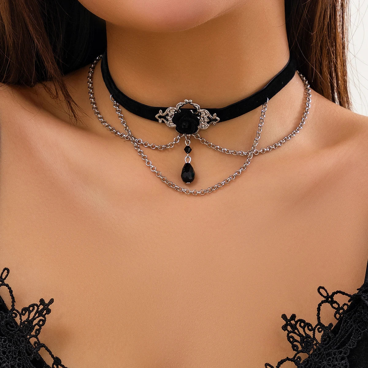PuRui Punk Black Cotton Rope Choker for Women Link Chain Tassel