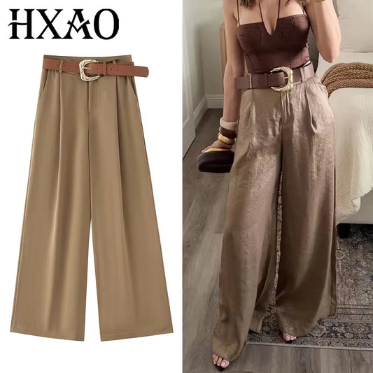 HXAO Women's Pants High Waist Wide Leg Pants with Belt Satin Long