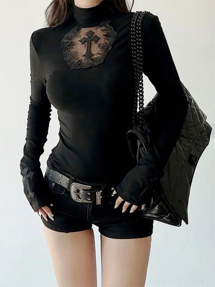 Turtleneck Top Y2k Clothes Black Gothic Cross Hollow Slimming Bottom T