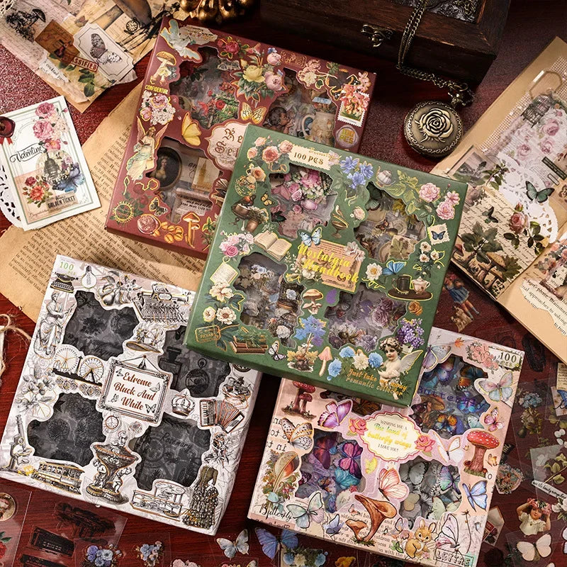 Journamm 100pcs/pack Vintage Decor Sticker Gift Box Set Waterproof PET