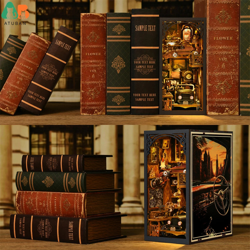 ATUBAN Book Nook Kit Classic Car F1 DIY Wooden Puzzle Bookshelf Insert