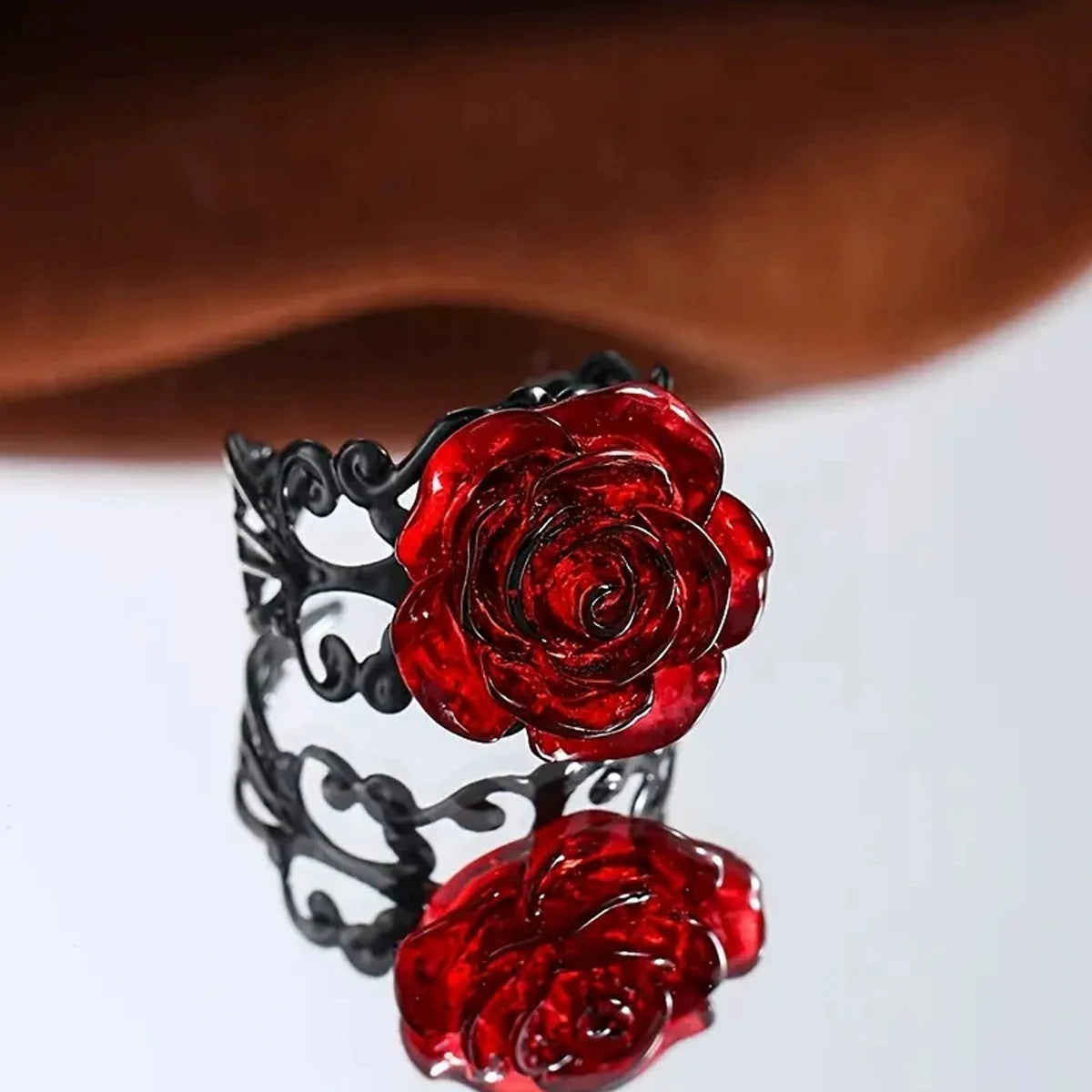 Punk Gothic Red Rose Ring Ornate Black Vine Witch Pagan Vintage