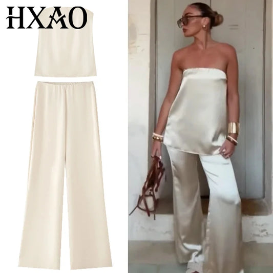 HXAO Satin Pant Sets Women's Two Pieces Set Strapless Off Shoulder