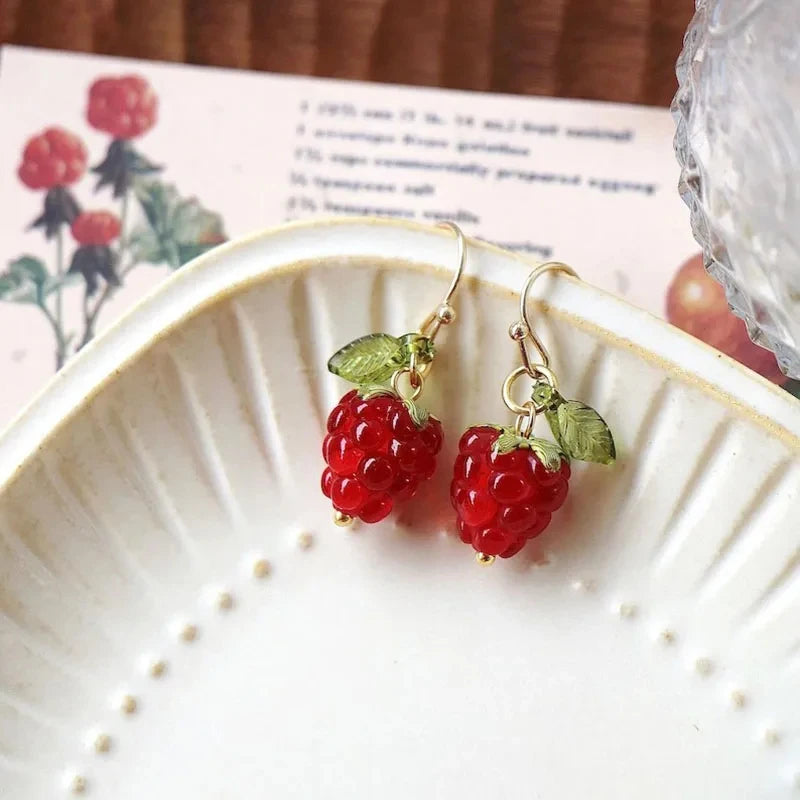 Korean Red Raspberry Long Drop Hook Earrings For Women Sweet Fruit