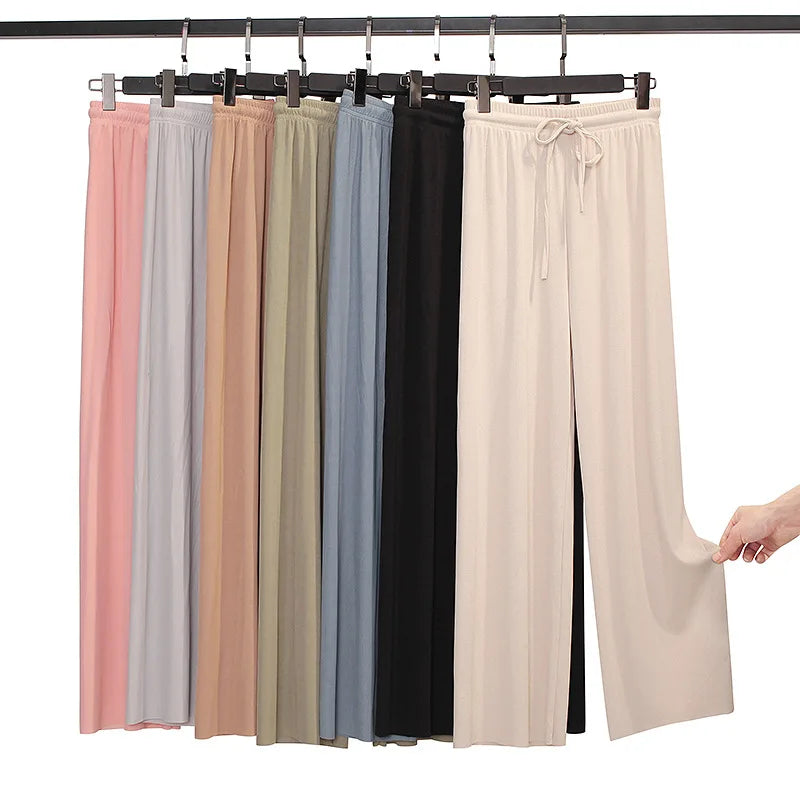 Women Ankle-Length Wide Leg Pants Casual Summer Solid Elastic Waist