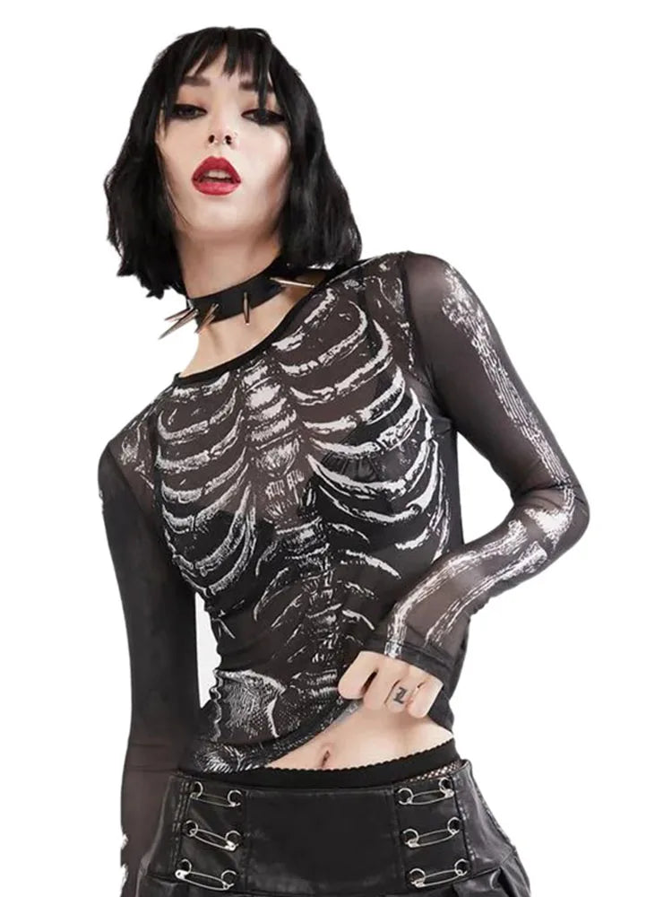 Gothic Punk Shirt 2000s Women Skeleton Pattern Round Neck Long Sleeve