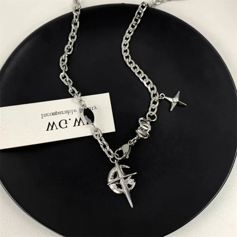 JWER New Y2K Cuban Figaro Chain Star Moon Pendant Necklace Men Punk