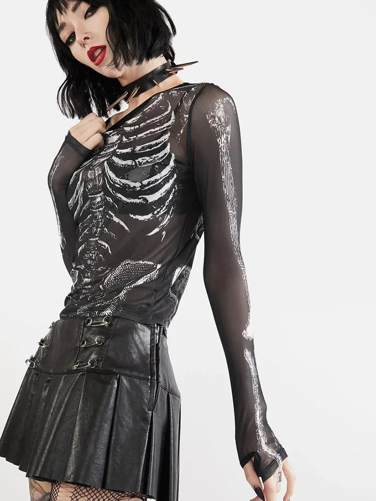 Gothic Punk Shirt 2000s Women Skeleton Pattern Round Neck Long Sleeve