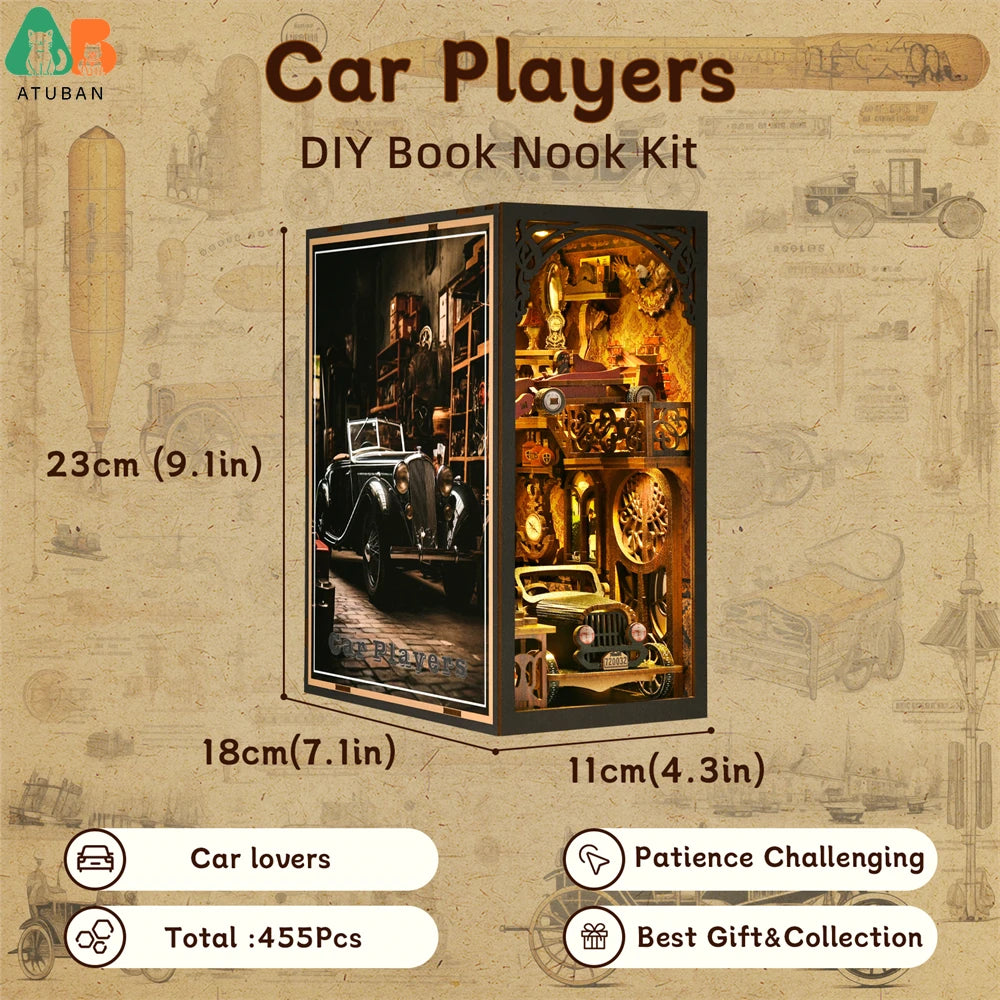 ATUBAN Book Nook Kit Classic Car F1 DIY Wooden Puzzle Bookshelf Insert