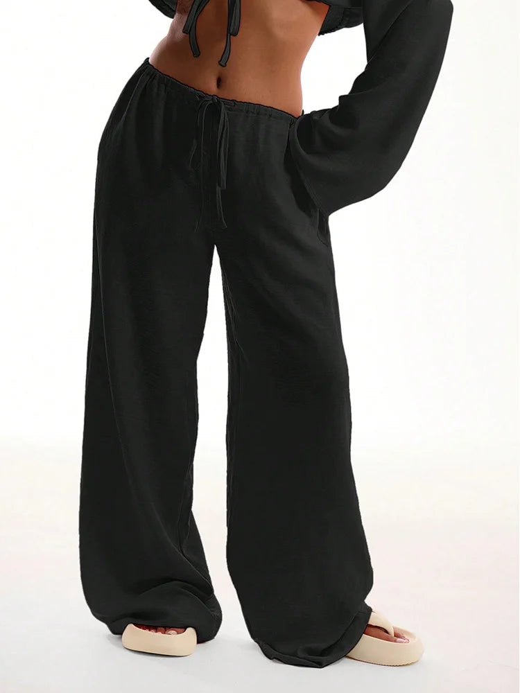 2025 New Spring Summer Wide Leg Pants Fashion Women Black Solid Loose