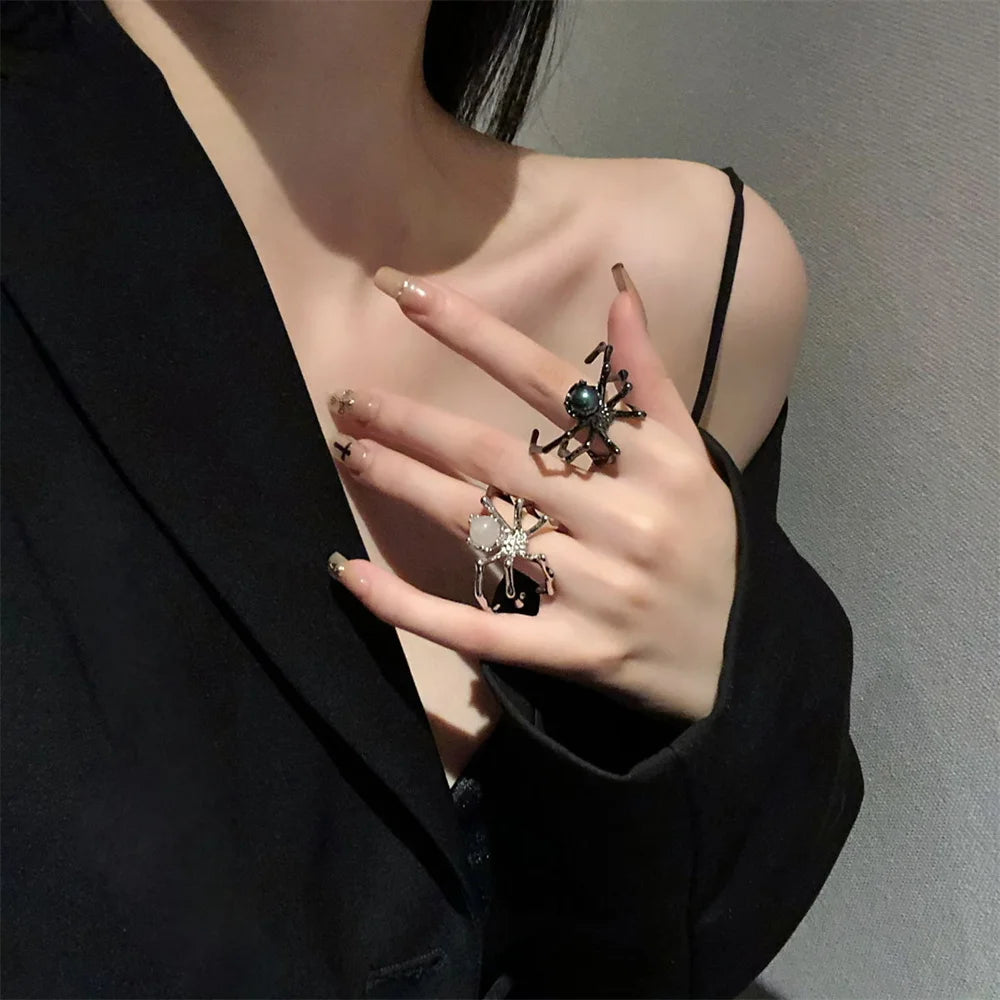 Punk Dark Spider Open Ring Retro Moonstone Black Ring For Women New