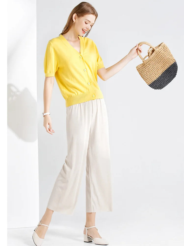 Women Ankle-Length Wide Leg Pants Casual Summer Solid Elastic Waist