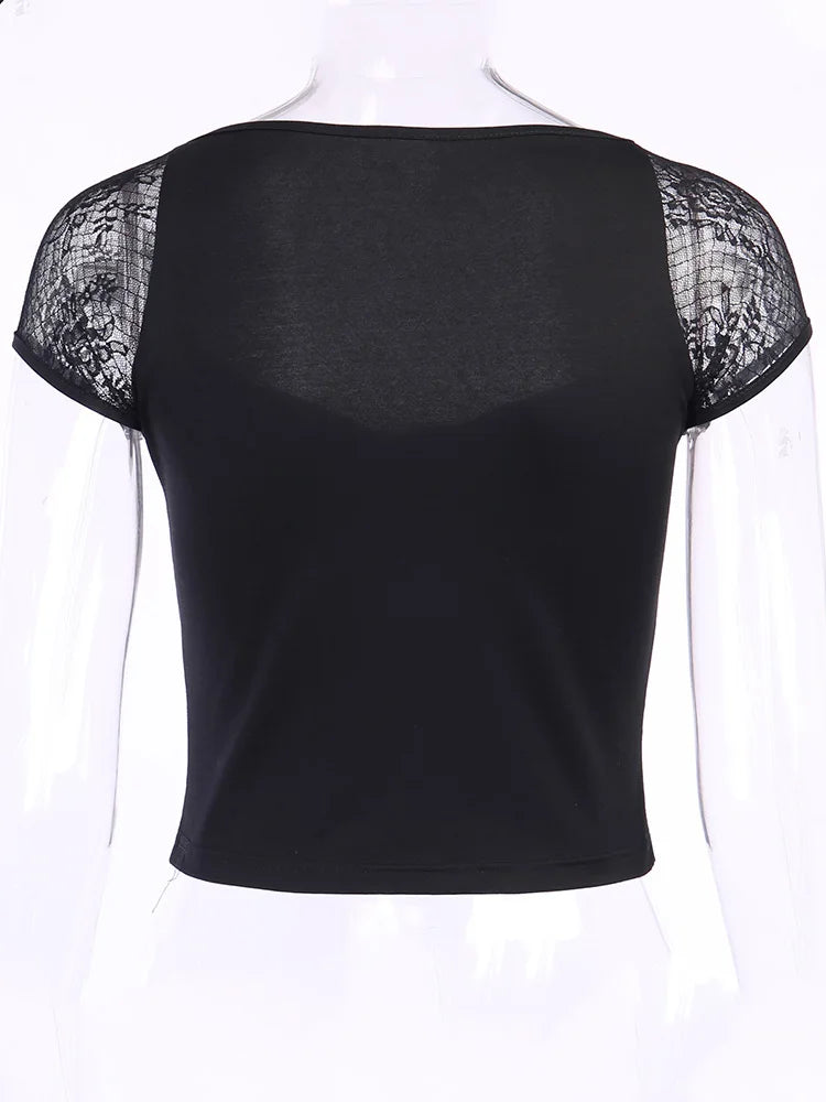 Vintage Tops Goth T-shirt Women Bodycon Bandage Lace Black T-shirts