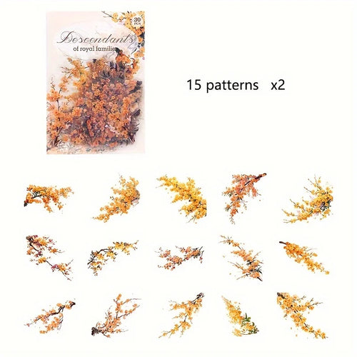 30 Piece Pack Vintage Plant Flowers PET Waterproof Stickers For DIY Crafts Scrapbooking