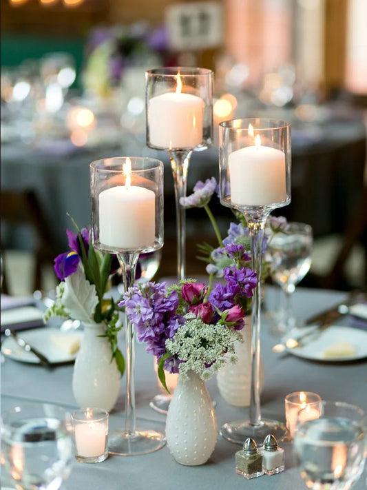 Set Of 3 Modern Light Luxury Glass Candle Holders With High Foot Design For Wedding Decor