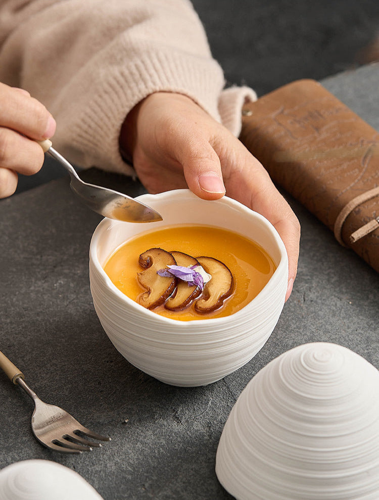 Elegant Egg-Shaped Ceramic Stew Bowl – Line Pattern Design for Steamed