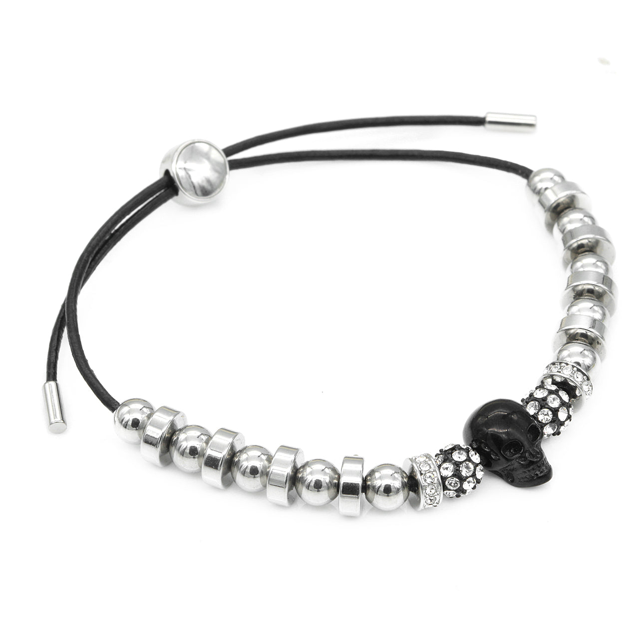 Black Skull Pull Cord Leather Bracelet