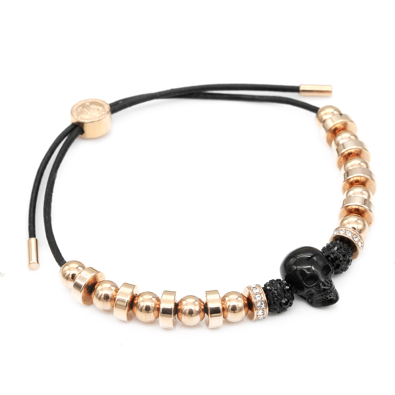 Black Skull & Rose Gold Pull Cord Bracelet