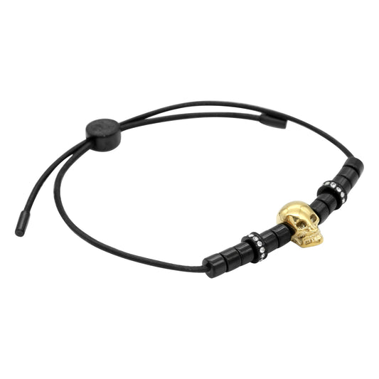 Gold plated skull black Pull Cord leather bracelet