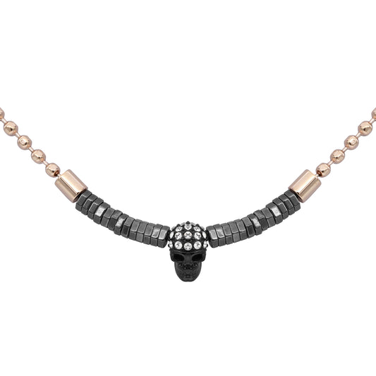 Rose Gold Plated Ball chain  Black skull with Black hematite beads
