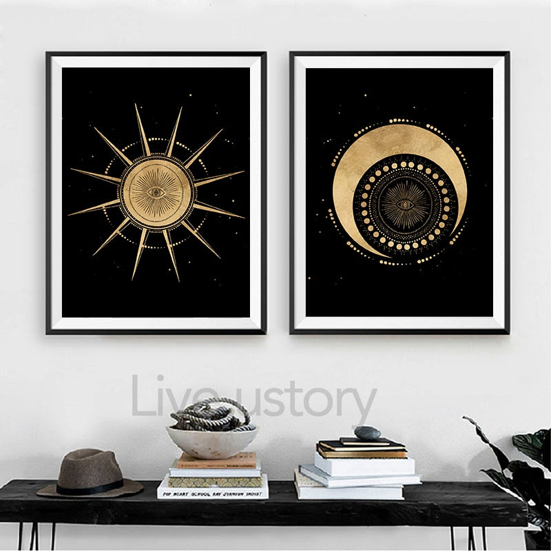 Witchy Wall Decoration Canvas Painting Sun And Moon Celestial Posters