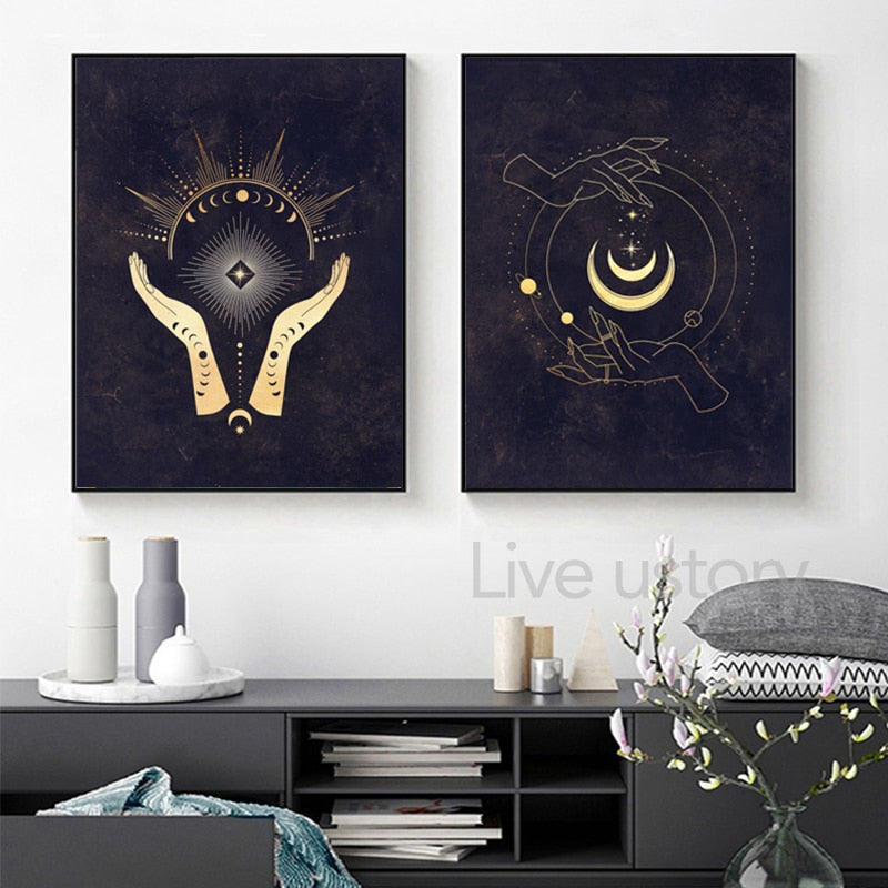Witchy Wall Decoration Canvas Painting Sun And Moon Celestial Posters