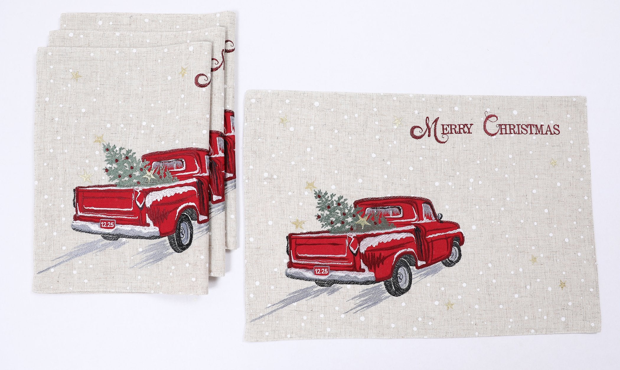 XD19812-Merry Christmas Truck Embroidered Placemats 14 by 20-Inch, Set