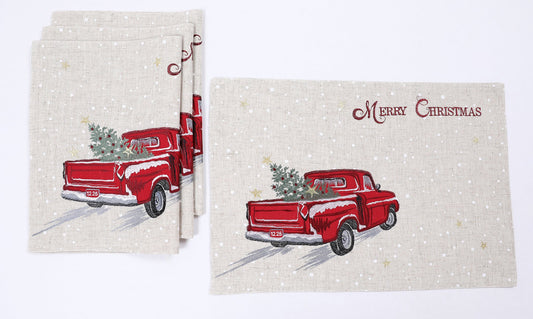 XD19812-Merry Christmas Truck Embroidered Placemats 14 by 20-Inch, Set