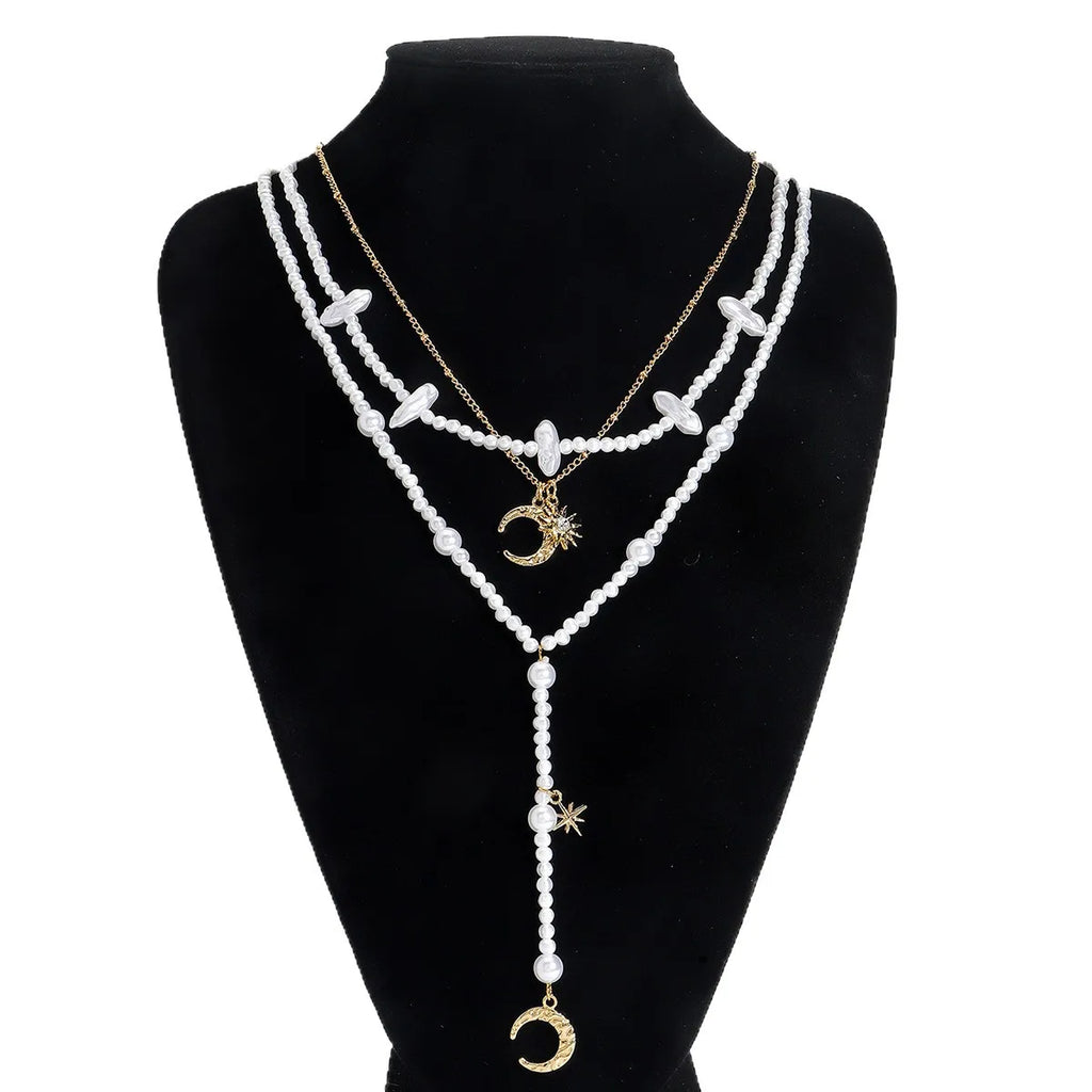 ZAA Multilayer Imitation Pearls Moon And Star Pendant Necklaces for Women Elegant Banquet Party Jewelry Gifts