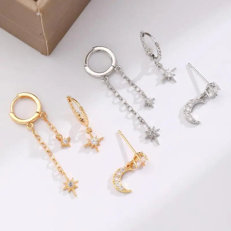 European And American Star Moon Asymmetric Earrings Three-piece Set Ins Fashion Zircon Hoop Earrings Fashion Elegant Jewelry