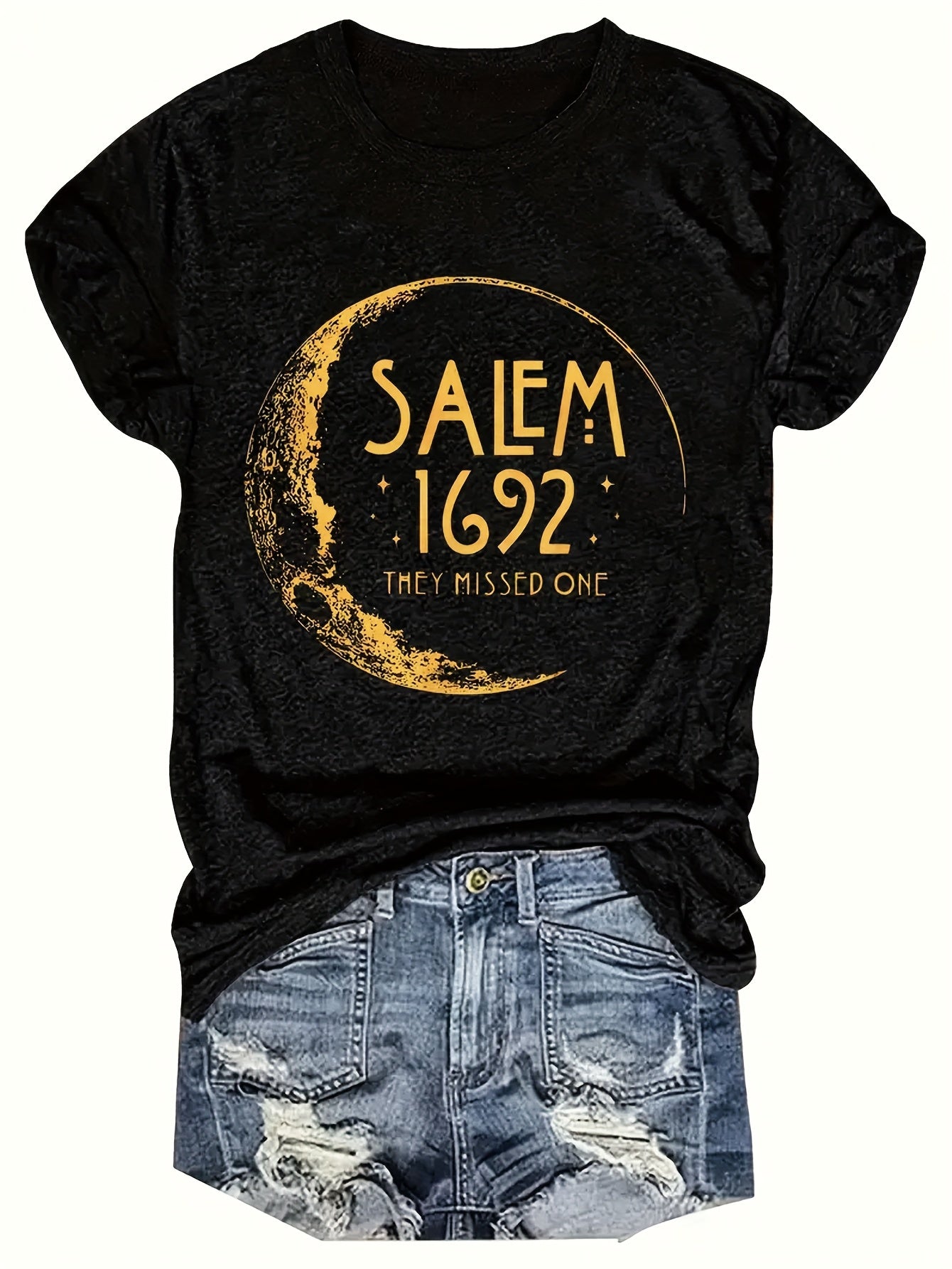 Women's Casual Short Sleeve T-Shirt - Black Celestial Moon & Phases Print with Salem 1692 Witch Trial Graphic, Semi-Sheer Round Neck Top, Machine Washable Regular Fit H-Line Tee for All Seasons, Everyday Outfit, Vintage Aesth