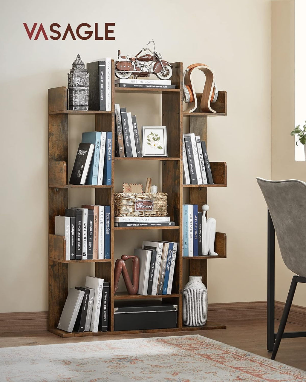 Bookshelf, Tree-Shaped Bookcase with 13 Storage Shelves, Rounded