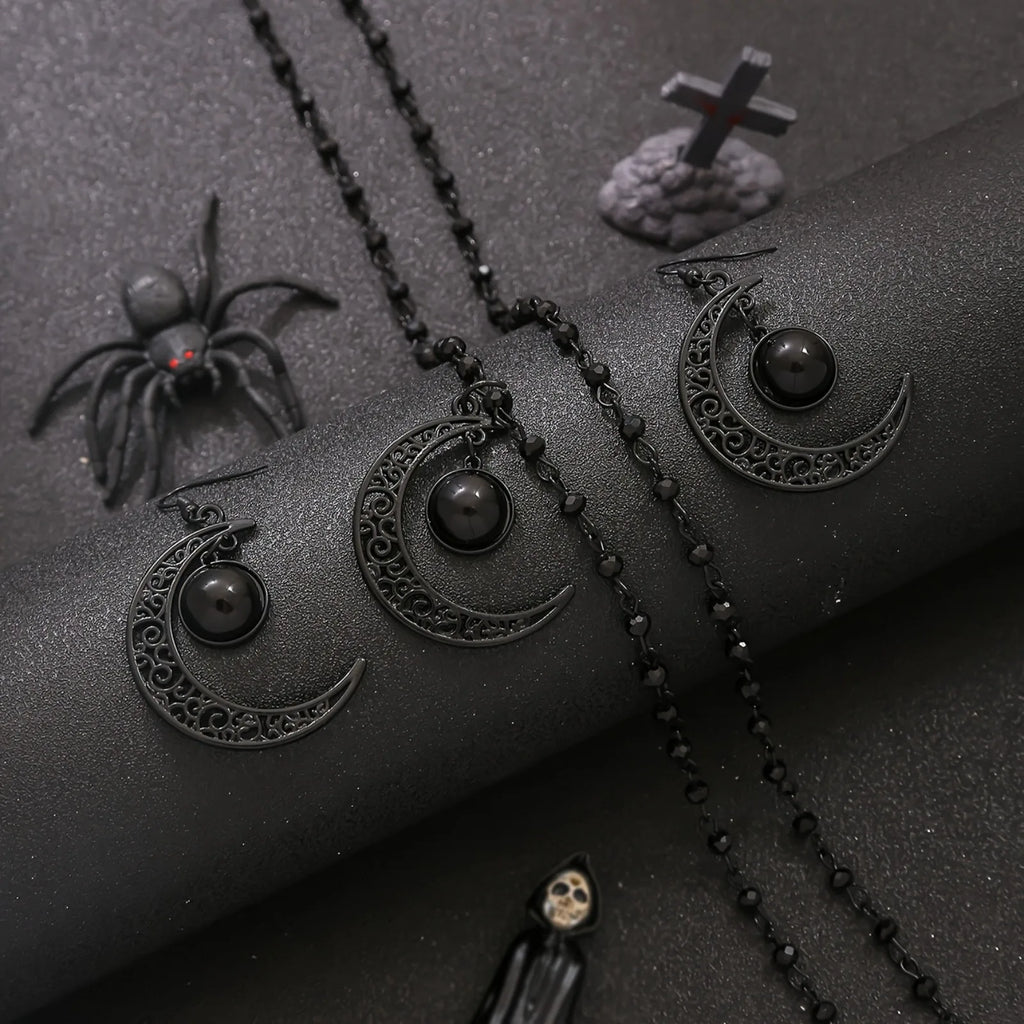 Gothic Punk 4Pcs Necklace Earrings Set Black Hollow Moon Pendant Beaded Design Unique Layered Necklace Perfect for Halloween