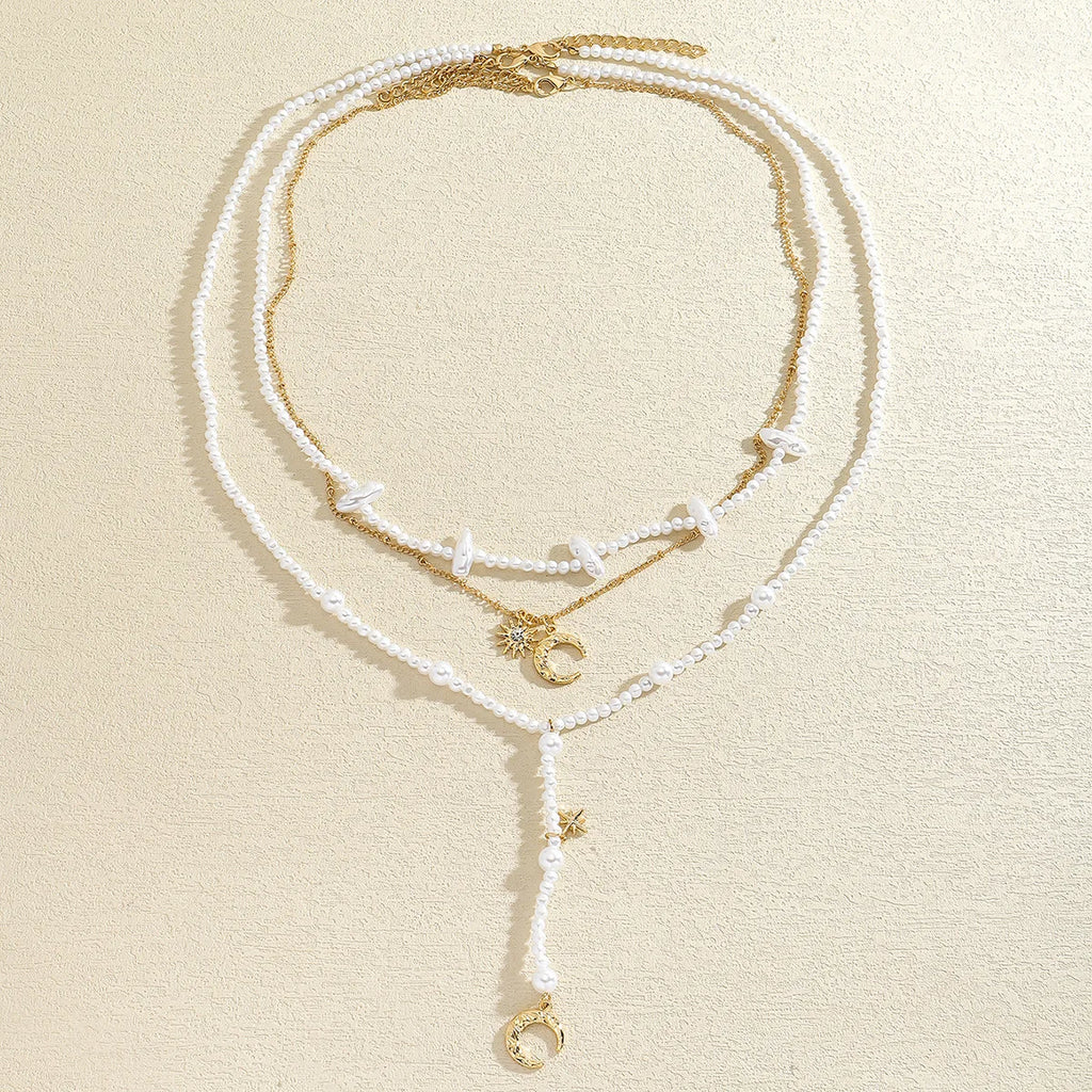 ZAA Multilayer Imitation Pearls Moon And Star Pendant Necklaces for Women Elegant Banquet Party Jewelry Gifts