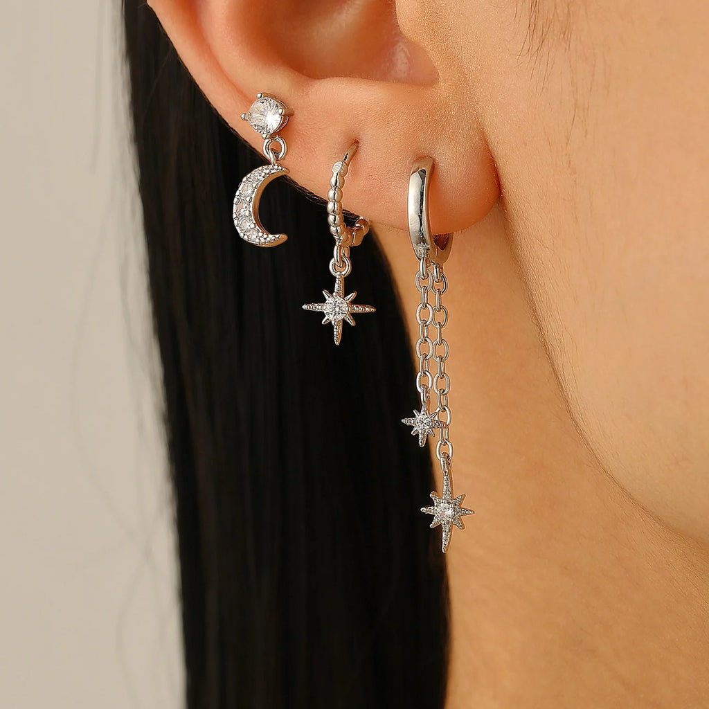 European And American Star Moon Asymmetric Earrings Three-piece Set Ins Fashion Zircon Hoop Earrings Fashion Elegant Jewelry