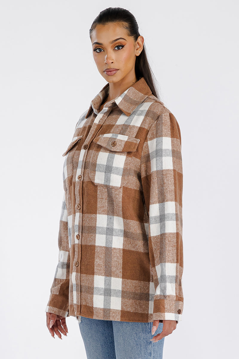 Women's Oversized Flannel Shacket Button Closure Chest Pockets Soft Brushed Fabric 75 Polyester 25 Cotton