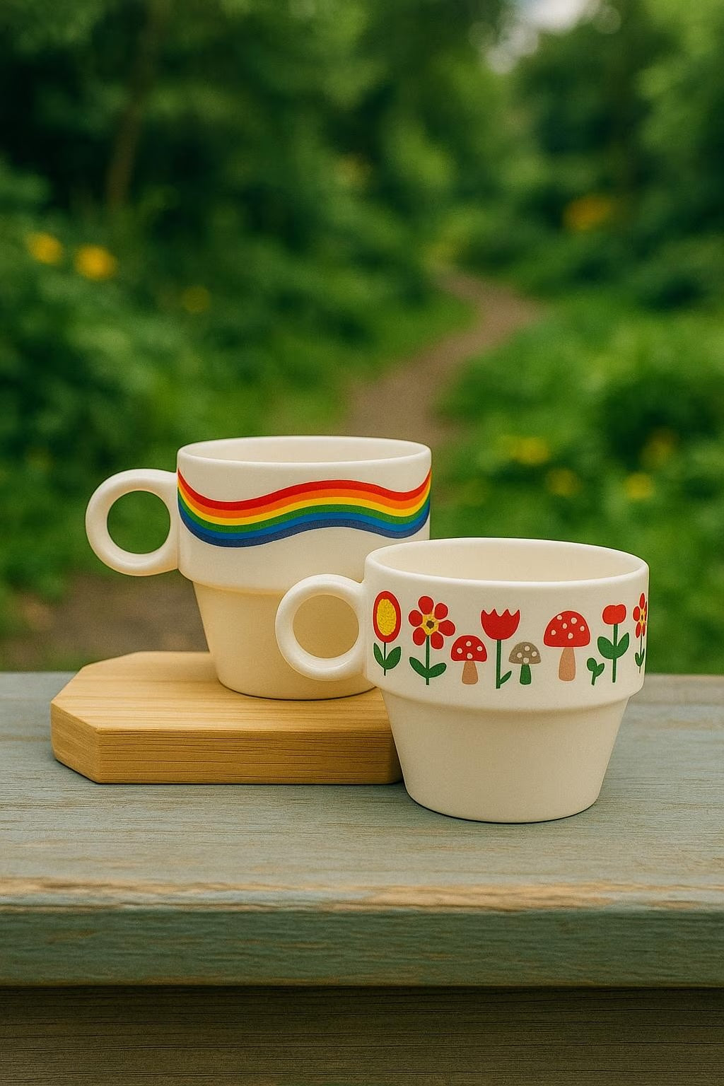 Ceramic Espresso Cups with Colorful Car and Rainbow Designs for Coffee