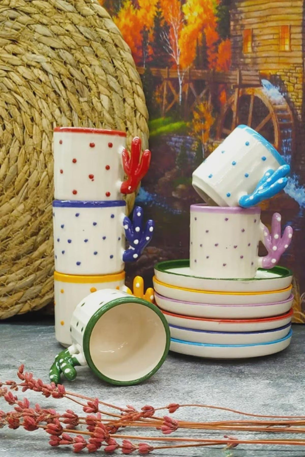 Handmade Cactus Coffee Cup Set for 6 with Boho Cactus Coffee Design